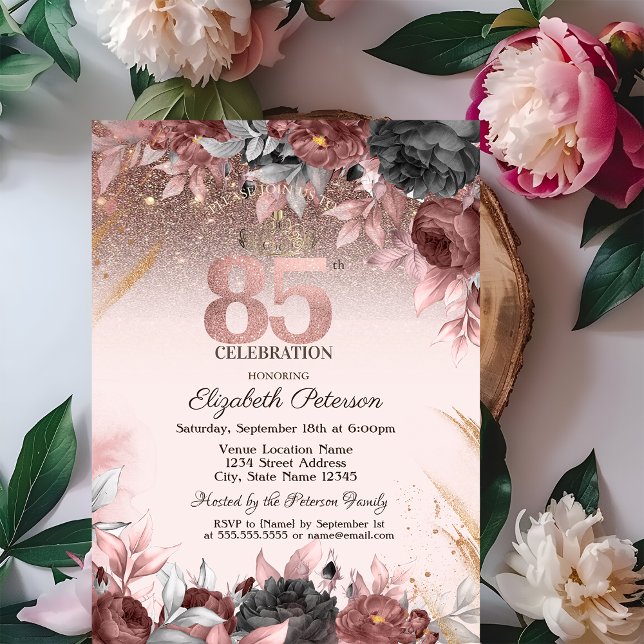 Convite Luzes, Flores Chiques Brilho 85º Aniversário (Criador carregado)