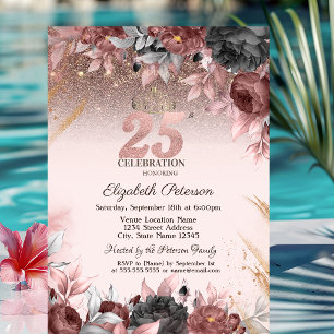 Convite Luzes, Flores Chiques Brilho Aniversário de 25 Ano