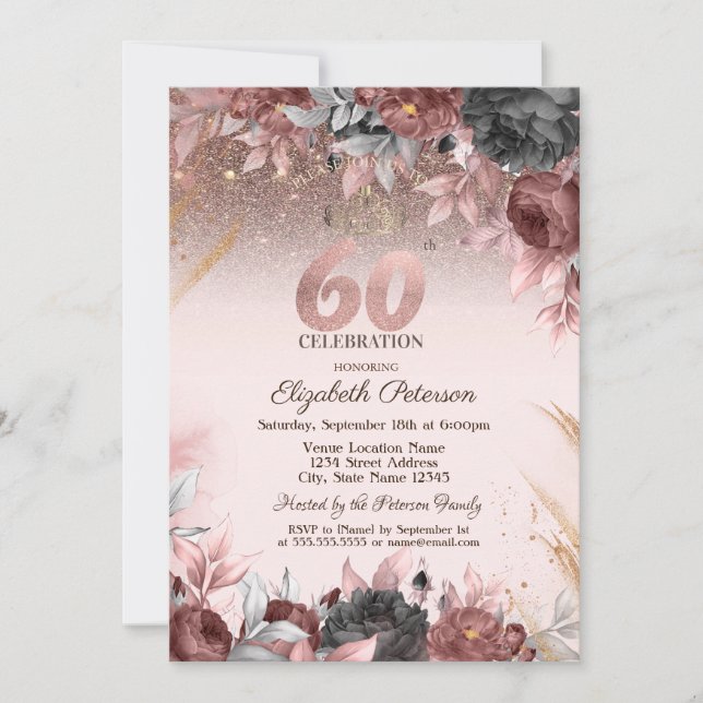 Convite Luzes, Flores Chiques Brilho Aniversário de 60 ano (Frente)