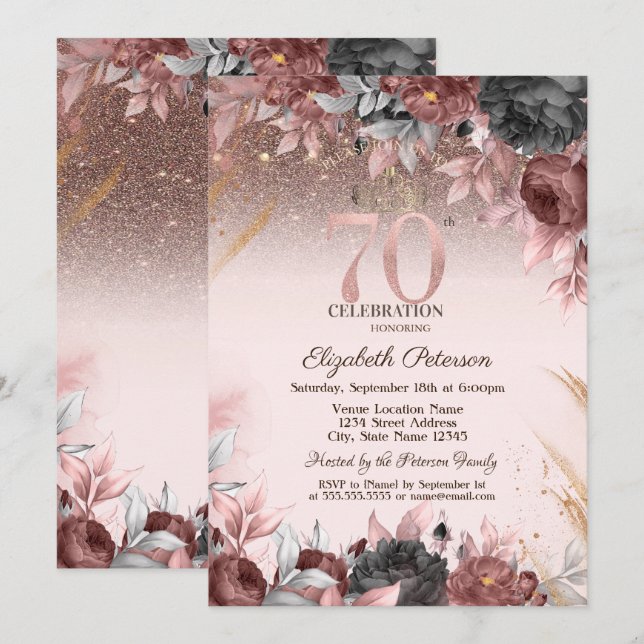 Convite Luzes, Flores Chiques Brilho Aniversário de 70 ano (Frente/Verso)