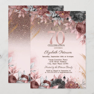 Convite Luzes, Flores Chiques Brilho Aniversário de 70 ano
