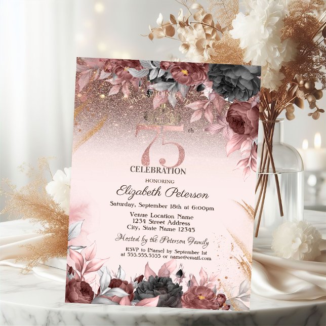 Convite Luzes, Flores Chiques Brilho Aniversário de 75 ano (Criador carregado)