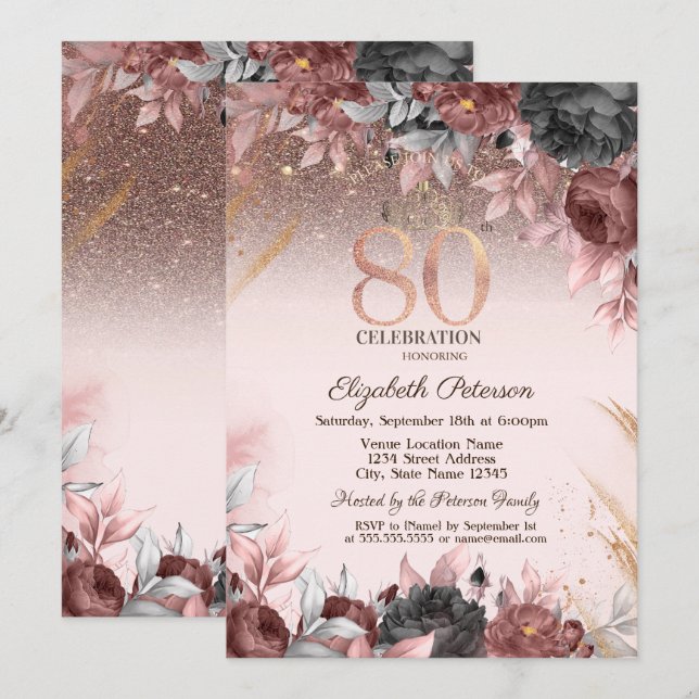 Convite Luzes, Flores Chiques Brilho Aniversário de 80 ano (Frente/Verso)
