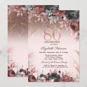 Convite Luzes, Flores Chiques Brilho Aniversário de 80 ano