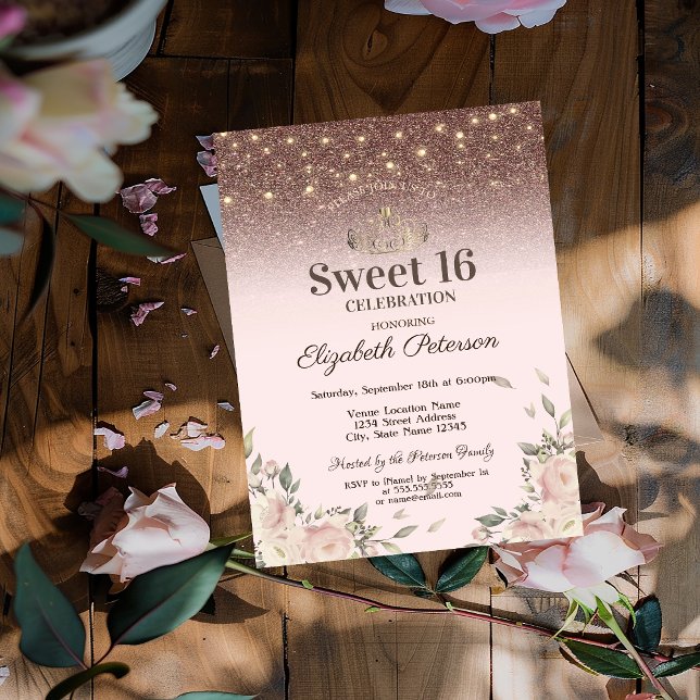 Convite  Luzes, Flores Cor-de-Rosa Brilham Sweet 16 (Criador carregado)