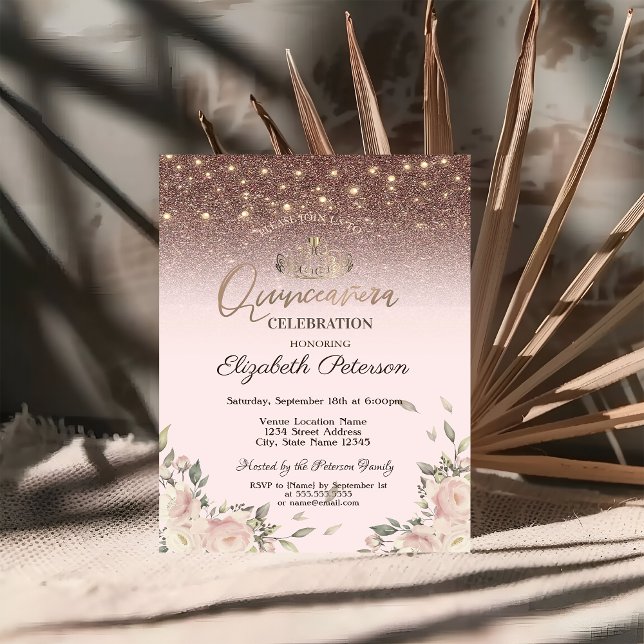 Convite Luzes, Flores Cor-de-Rosa Quinceañera (Criador carregado)