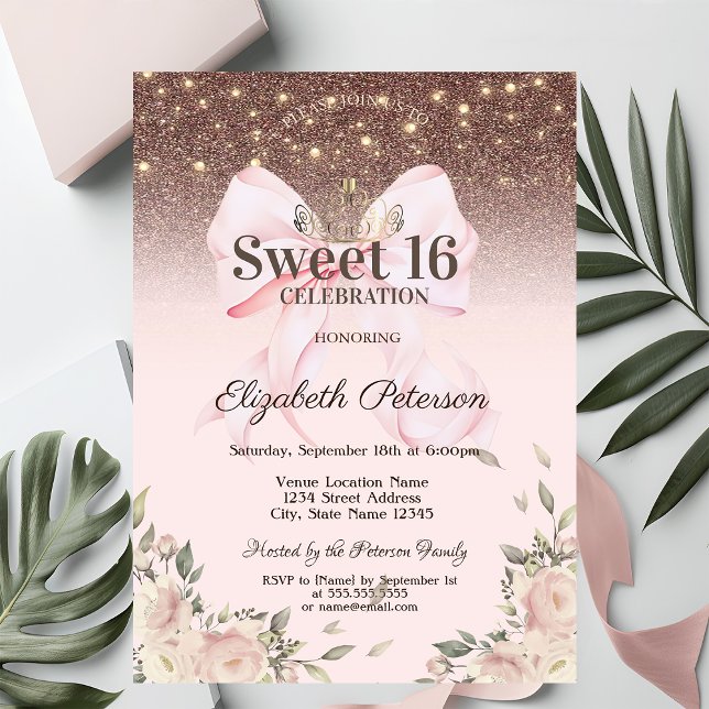 Convite Luzes, Flores de Laço Rosa Brilho Sweet 16 (Criador carregado)