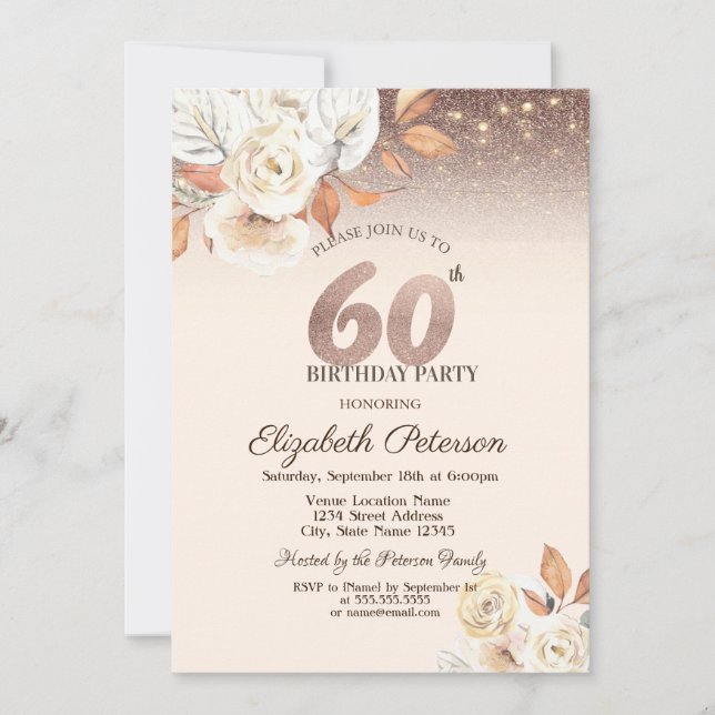 Convite Luzes, Flores de outono, Bokeh 60º aniversário (Frente)