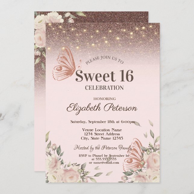 Convite Luzes, Flores Rosa, Borboletas Brilhantes Doce 16 (Frente/Verso)