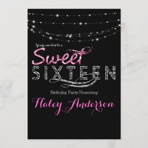 Convite Luzes Glitter Glamour Festa SWEET 16 Rosa Preto