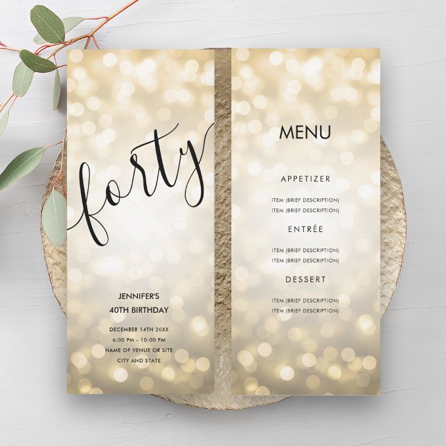 Convite Luzes luminosas Douradas no menu aniversário de 40 (40th Birthday Menu Gold Glitter Lights Invitation)