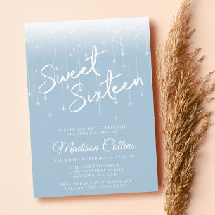 Convite Luzes Modernas Azul Poeirento Branco Sweet 16