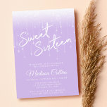 Convite Luzes modernas Lavanda e doce branco 16<br><div class="desc">Esta lavanda púrpura pastel e um convite doce 16 branco apresenta uma fonte moderna de escrita com luzes de brilho.</div>