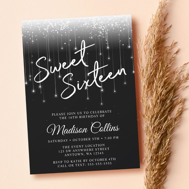 Convite Luzes Modernas Preto e Branco Sweet 16 (Criador carregado)
