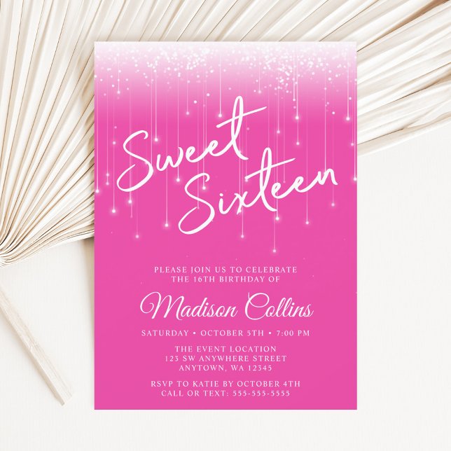 Convite Luzes Modernas Rosa Quente Sweet 16 (Criador carregado)