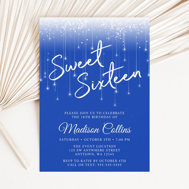 Convite Luzes Modernas Royal Blue Sweet 16 (Criador carregado)