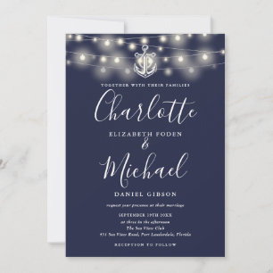Convite Luzes Navais de Corda Única Casamento Azul Marinho