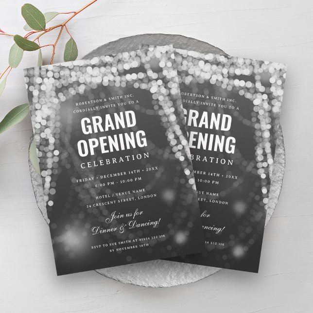 Convite Luzes prateadas de negócios de grande abertura ele (Elegant Grand Opening Business Silver Lights Invitation)