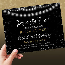 Convite Luzes pretas e prateadas de aniversário duplo