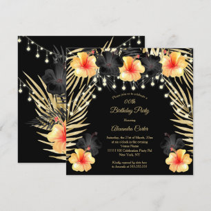 Convite Luzes Preto Dourado Amarelo Hibisco Festa Tropical