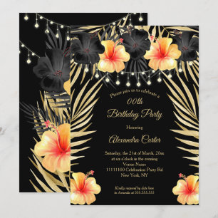 Convite Luzes Preto Dourado Amarelo Hibisco Festa Tropical