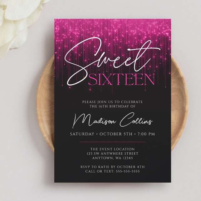 Convite Luzes Rosa Magenta Preto Sweet 16 (Criador carregado)