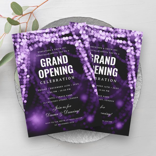 Convite Luzes roxas de grande abertura para empresas elega (Elegant Grand Opening Business Purple Lights Invitation)