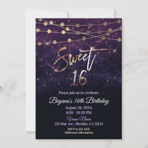Convite Luzes Roxas e Douradas de Purpurina para Sweet 16