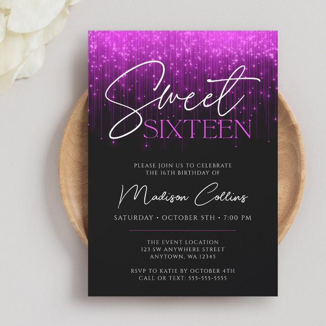 Convite Luzes Roxas Preto Sweet 16 (Criador carregado)
