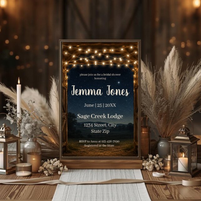Convite Luzes Rústicas de Corda Céu Noturno Chá de Noiva (Rustic bridal shower invitation with string lights, starry sky, wood beams, and custom details.)