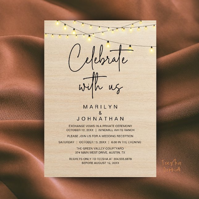 Convite Luzes Rústicas de Corda Recepção de Casamento Eleg (Rustic String Lights Wedding Reception Dinner Party Elegant Invitation Card in Brown Wood)