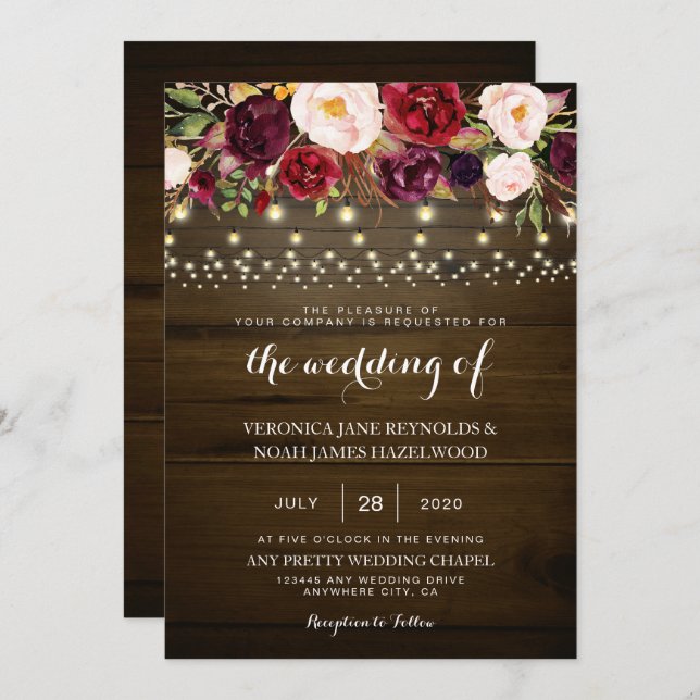 Convite Luzes Rústicas De Madeira De Casamento Lace Borgon (Frente/Verso)