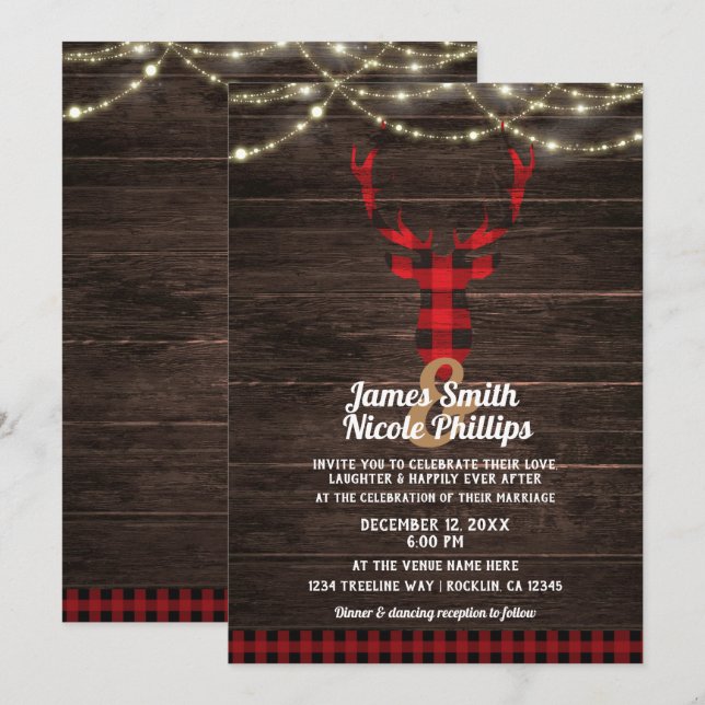 Convite Luzes Rústicas de Plaid com Galhada de Veado em Ma (Frente/Verso)