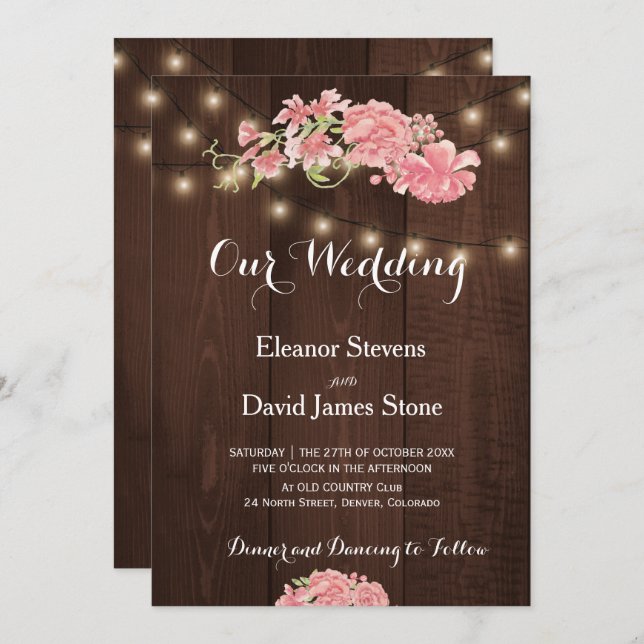 Convite Luzes rústicas quentes blush peonis celeiro casame (Frente/Verso)