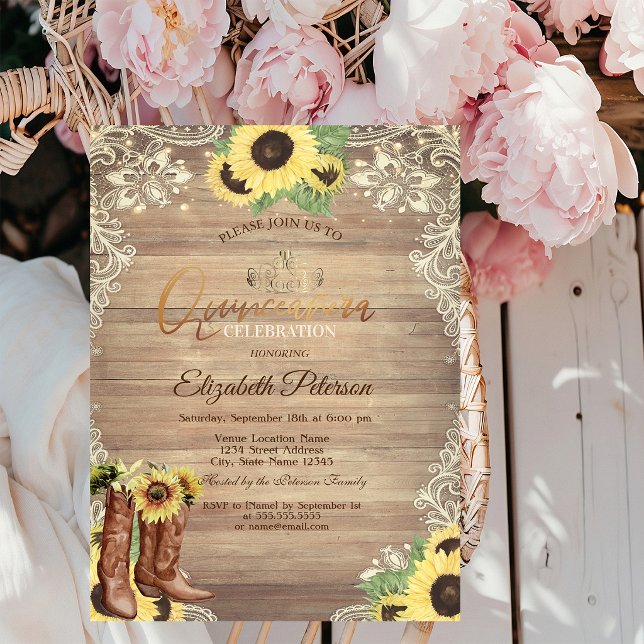 Convite Luzes Rústicas,Renda,Botas Girassóis Quinceañera (Criador carregado)