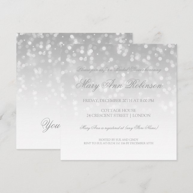 Convite Luzes Sparkle chá de panela Prata (Frente/Verso)