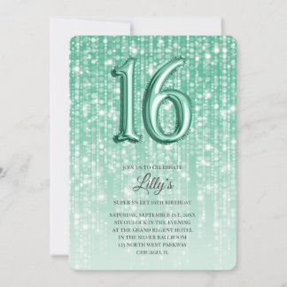 Convite Luzes verdes brilham Foil Balão 16º aniversário