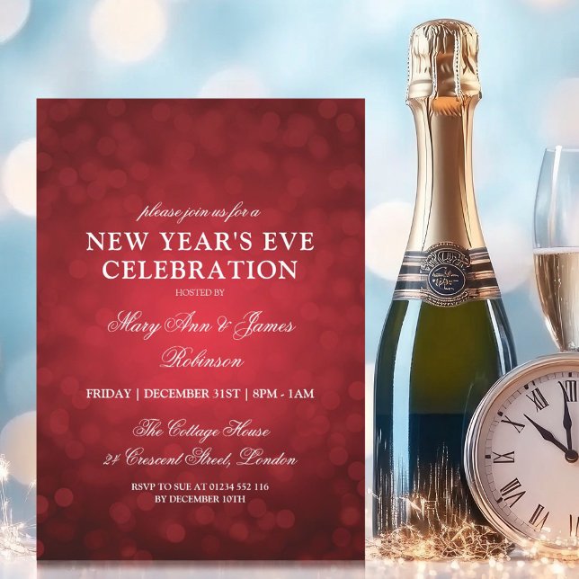 Convite Luzes vermelhas da Véspera de ano novo elegante (Elegant New Years Eve Red Bokeh Lights Invitation)