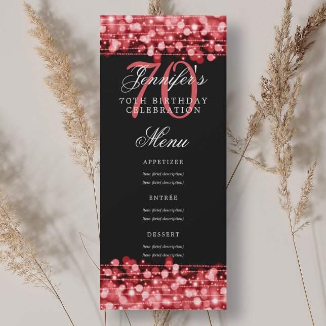 Convite Luzes vermelhas do Ruby do menu de Festa de aniver ( 
Elegant 70th Birthday Party Menu Ruby Red Lights Invitation)