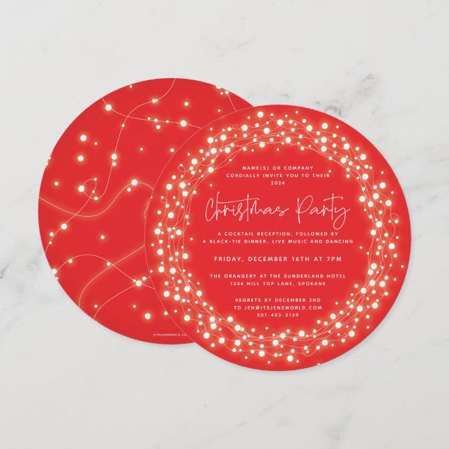 Convite Luzes Vermelhas Redondas Brilhantes Festa de Natal (Frente/Verso)