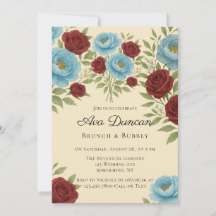 Convite Lyon Blue Peony & Rosa vermelha Brunch & Bubble
