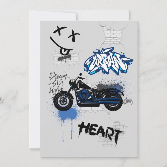 Convite Mото de grafite preto e azul cinza (Frente)