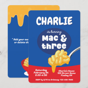 Convite Mac & Three Macaroni e aniversário de 3 anos de Qu