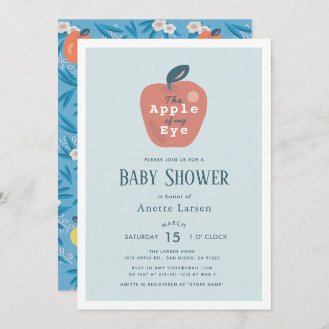 Convite Maçã do meu Chá de fraldas de Olho Azul (Frente/Verso)
