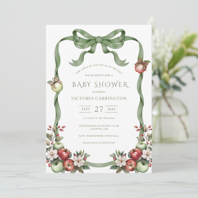 Convite Maçã dos Nossos Olhos Verde Aquarela Bebê Elegante (Em pé/Frente)