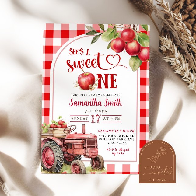 Convite Maçã Vermelha Xadrez Doce Um Primeiro Aniversário (Criador carregado)