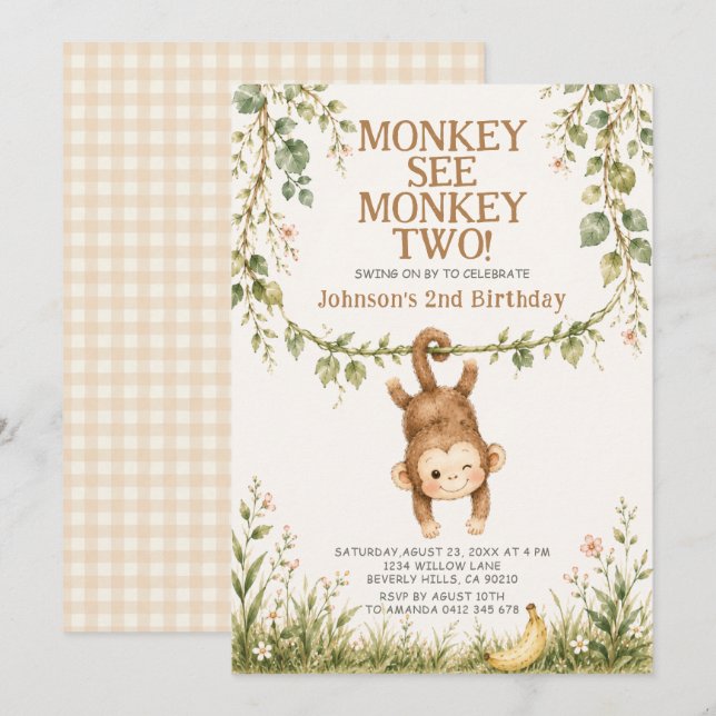 Convite Macaco da Selva Macaco Vê Macaco Dois Aniversário  (Frente/Verso)