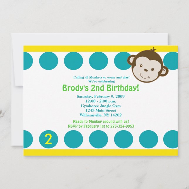Convite Macaco de Mod Cachorro Azul/Amarelo Aniversário 5x (Frente)
