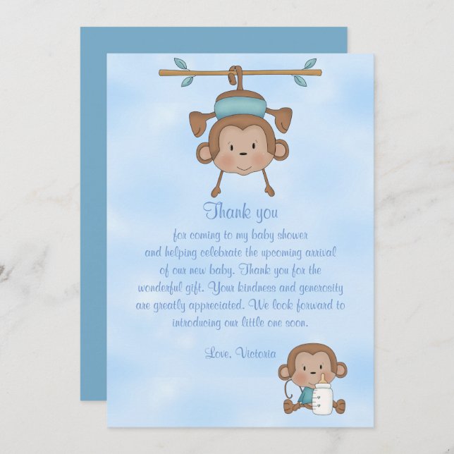 Convite Macaco do bebé do chá de fraldas (Frente/Verso)