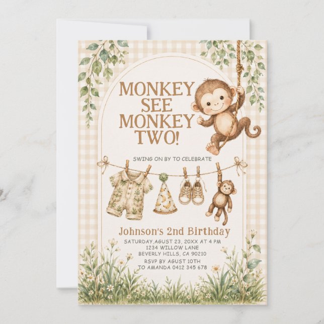 Convite Macaco Fofo Vê Macaco Dois Neutro Macaco 2º  (Frente)